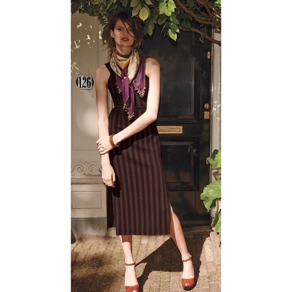 Anthropologie Maeve Meridian Midi Striped Quilted Brown Black Dress NWT - Picture 1 of 14